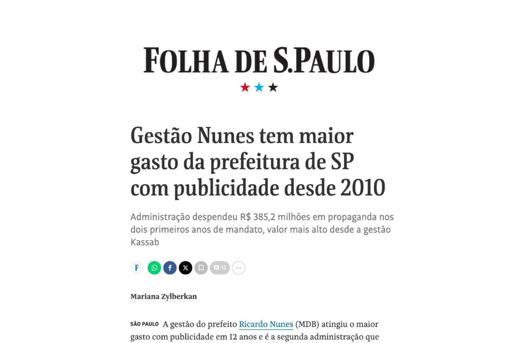 Prefeito Nunes tem maior gasto com publicidade desde 2010 em São Paulo