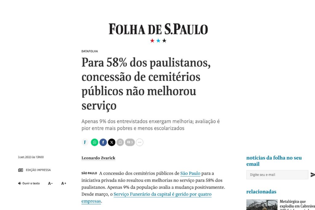 Para 58% dos paulistanos, concessão de cemitérios públicos não melhorou serviço