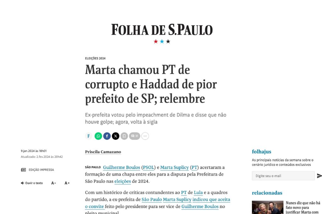 Marta chamou PT de corrupto e Haddad de pior prefeito de SP; relembre