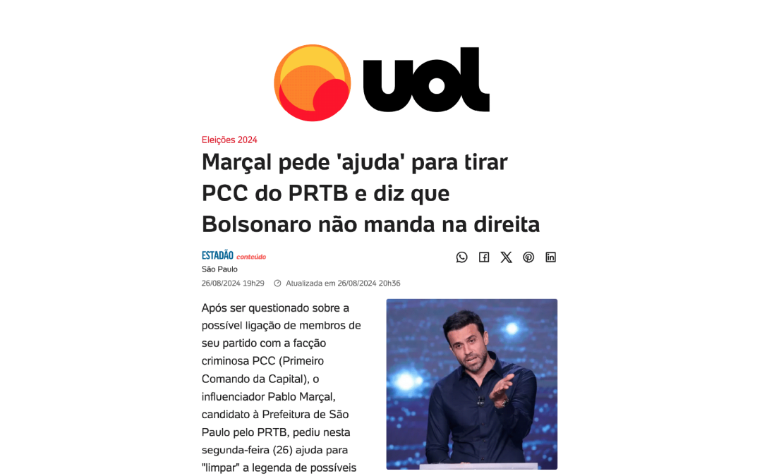 Marçal pede ‘ajuda’ para tirar PCC do PRTB e diz que Bolsonaro não manda na direita